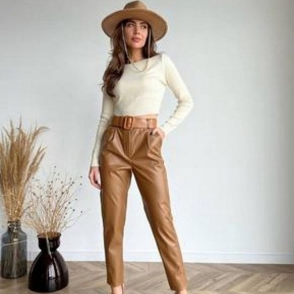 Zara Pants - Zara Faux Leather High Rise Belted Pants NWT Tan Small